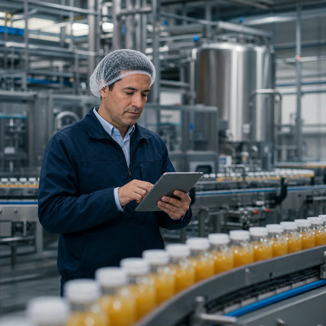 Profesional revisando una línea de producción de bienes de consumo.