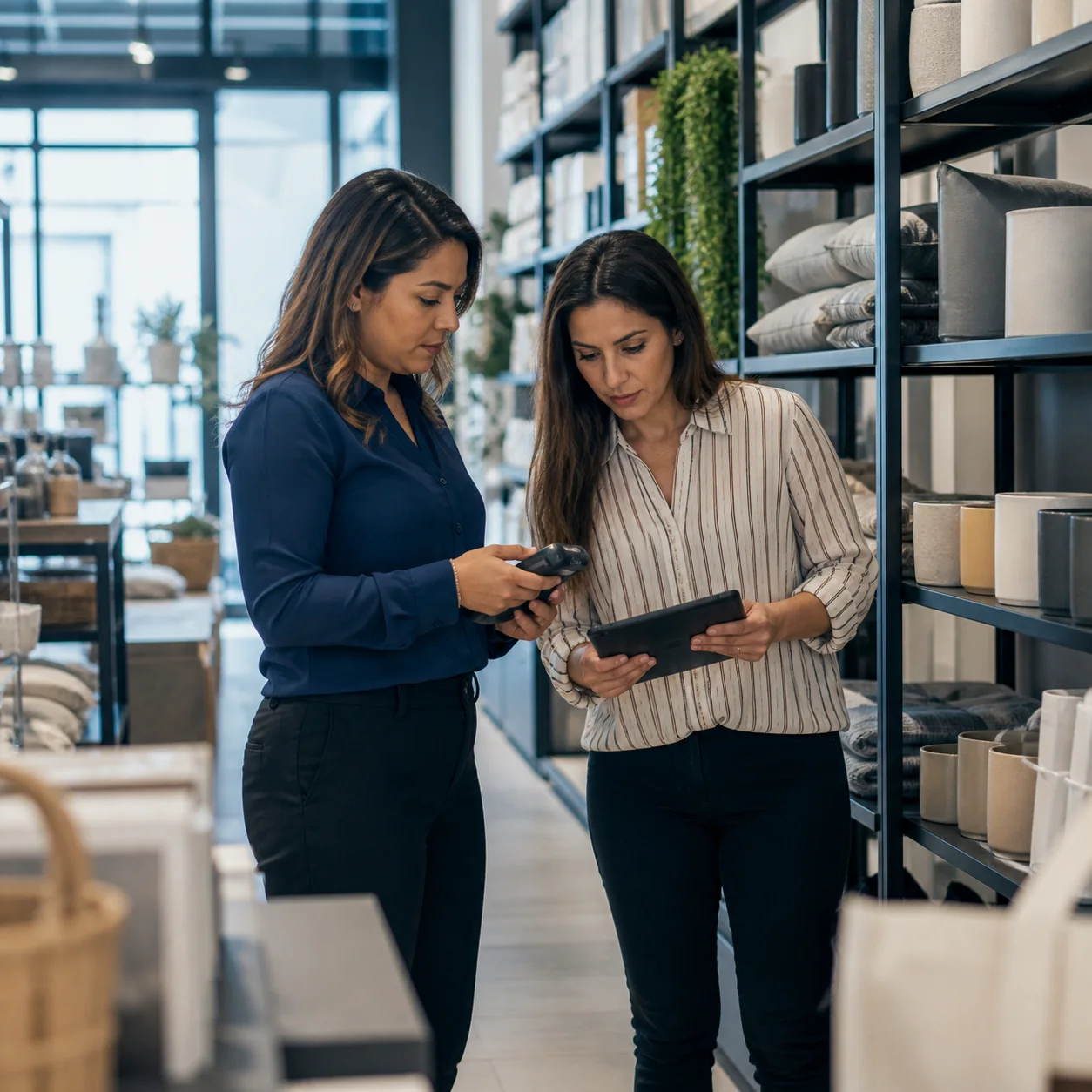 Equipo de retail revisando productos e inventario en una tienda.