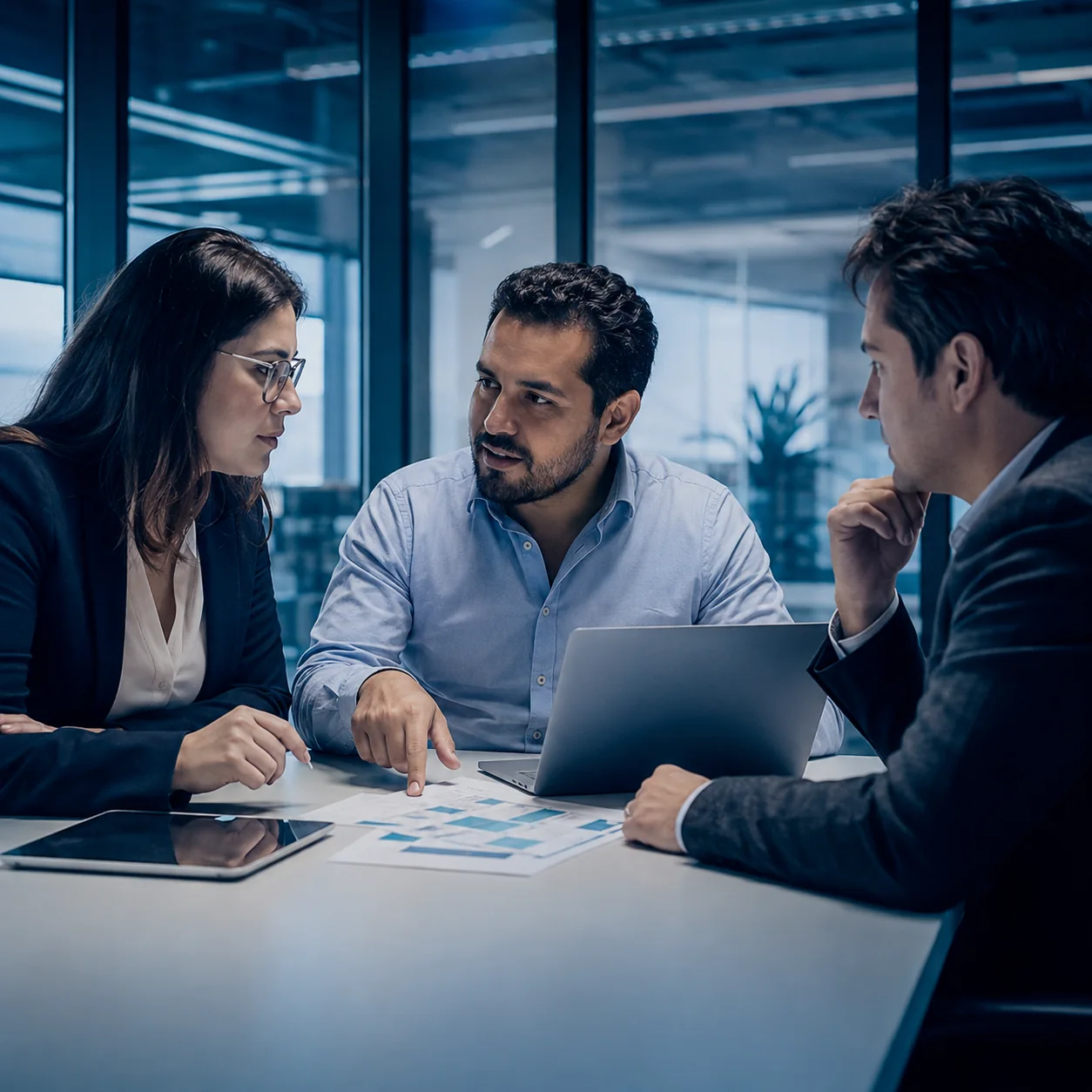 Equipo de servicios colaborando alrededor de una solución de negocio.